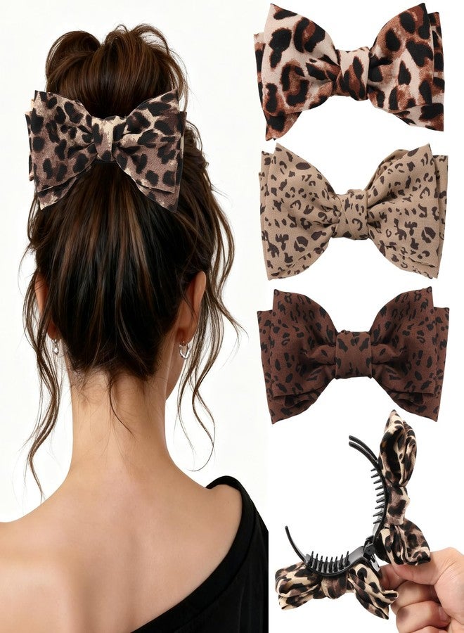 Auseibeely 4 Pcs Leopard Print Bow Claws Clips for Women - Decorative Bowknot Hair Clips for Ponytails/Half-Updo/Bun, Cheetah Elegant Polyester Bow Hair Clips - Image 1